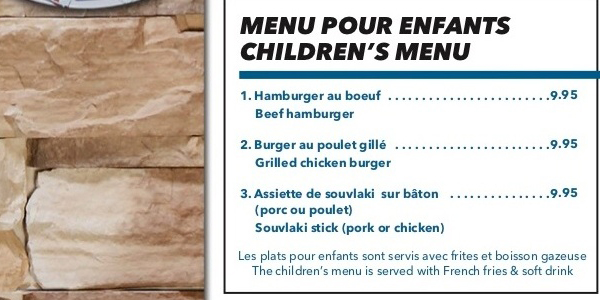 Menu pour enfants - Children's Menu